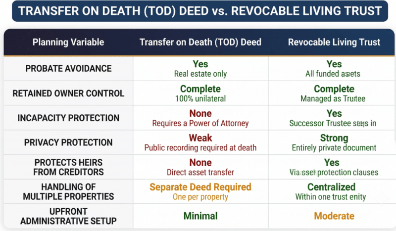 Comparison chart highlighting how to avoid Wisconsin probate using a living trust versus other deed options while maintaining asset control.