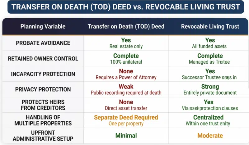 Comparison chart highlighting how to avoid Wisconsin probate using a living trust versus other deed options while maintaining asset control.