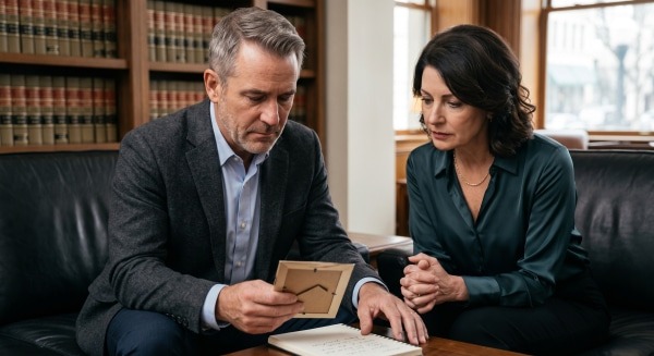 A somber couple in their 50s seated together in a professional office setting, quietly reviewing documents and a framed family photo during a probate legal consultation with probate lawyer.
